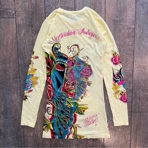 y2k vintage christian audigier rhinestone peacock & roses light yellow minidress
